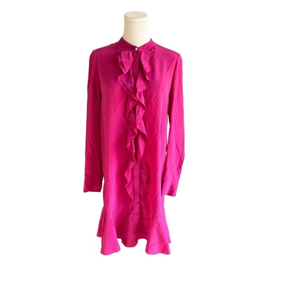 Tory Burch - Jane Ruffle Silk Fuchsia Long Sleeve Dress Sz 4 - Picture 4 of 11